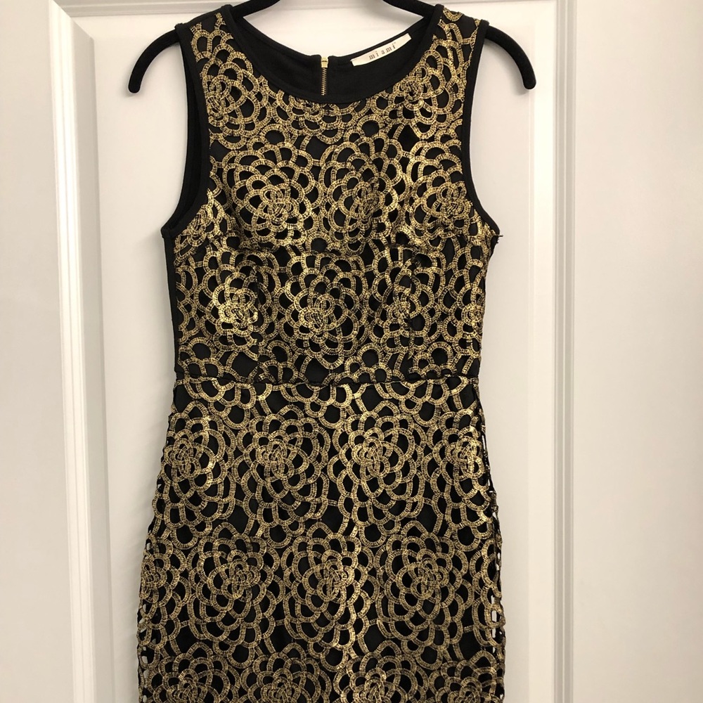 Gold and black floral above the knee dress